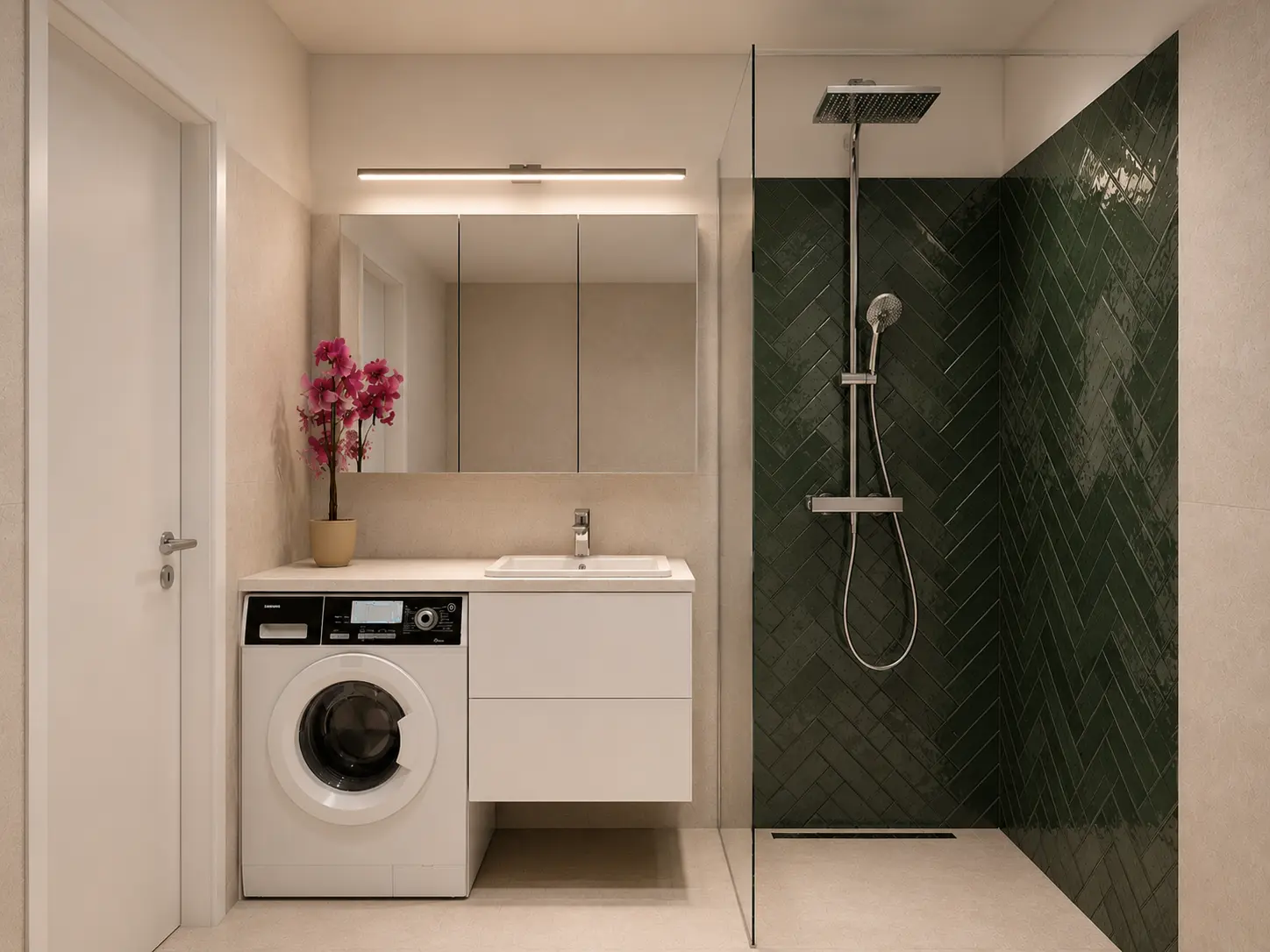 Fotorealistische 3D-Badplanung eines modernen Badezimmers mit Walk-in-Dusche, Waschtisch und integrierter Waschmaschine.