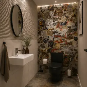 Fotorealistische 3D-Badplanung aus dem Paket BadPlan Pro mit individuellem Gäste-WC, Designfliesen und moderner Beleuchtung.