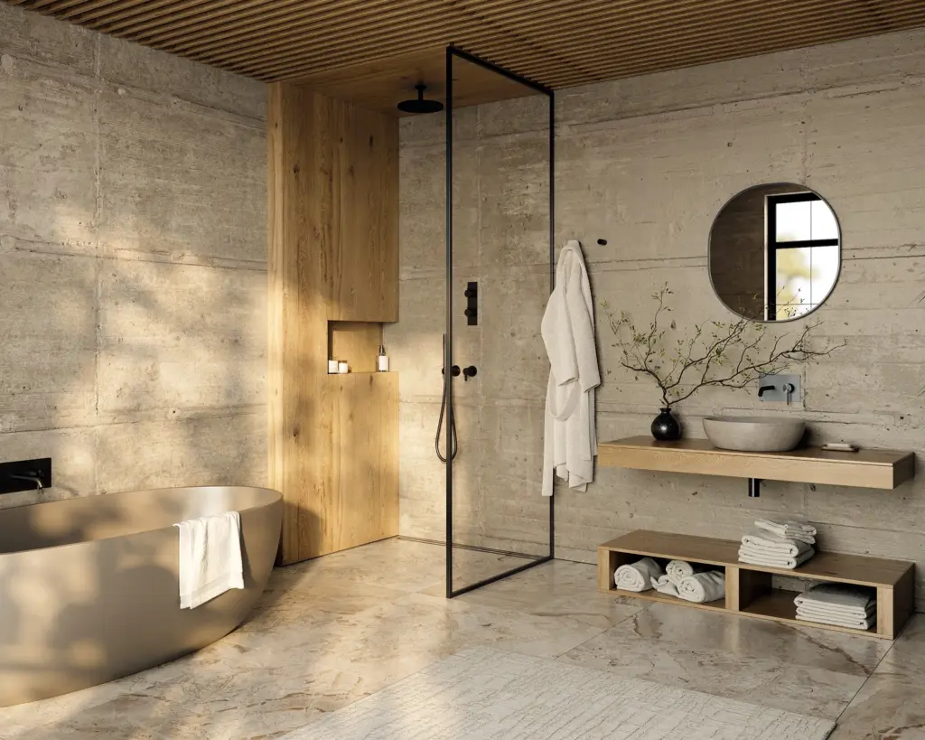Fotorealistische 3D-Badplanung eines modernen Badezimmers mit Walk-in-Dusche, Holzdetails und freistehender Badewanne.
